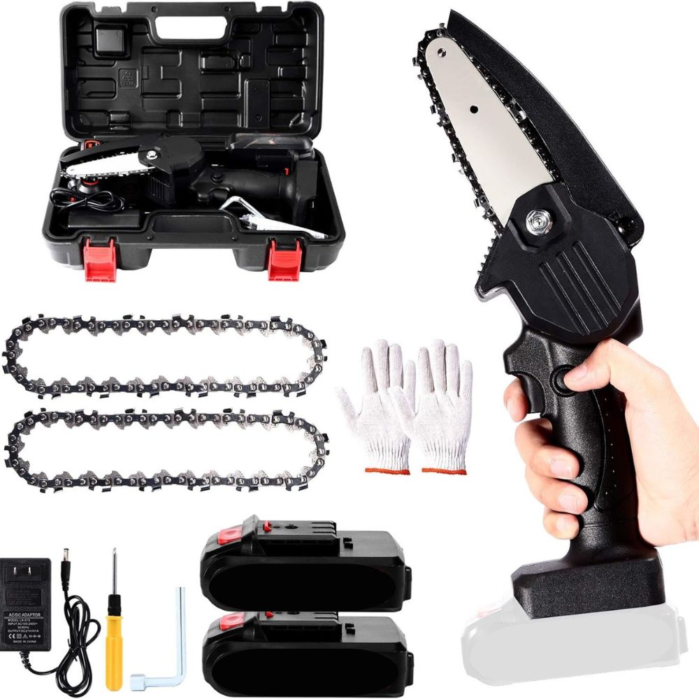 Belro upgraded 24V mini chainsaw for men, featuring a compact design with a silver handle and safety guard.