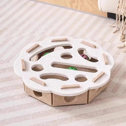 Belro felt interactive cat puzzle toy box with various hiding spots and toys for engaging feline play and mental stimulation.