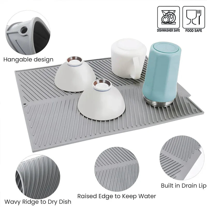 Belro silicone countertop dish drying mat on kitchen counter, flexible and absorbent for drying dishes and utensils.