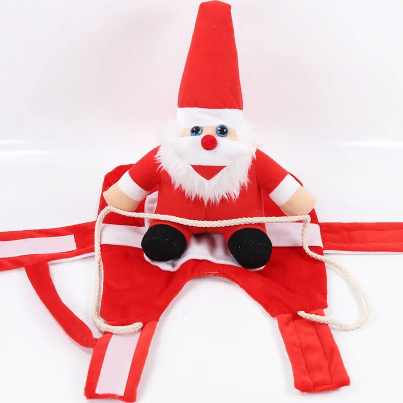 Belro Santa riding dog Christmas costume featuring a festive red suit with white trim and a Santa hat on a small dog.