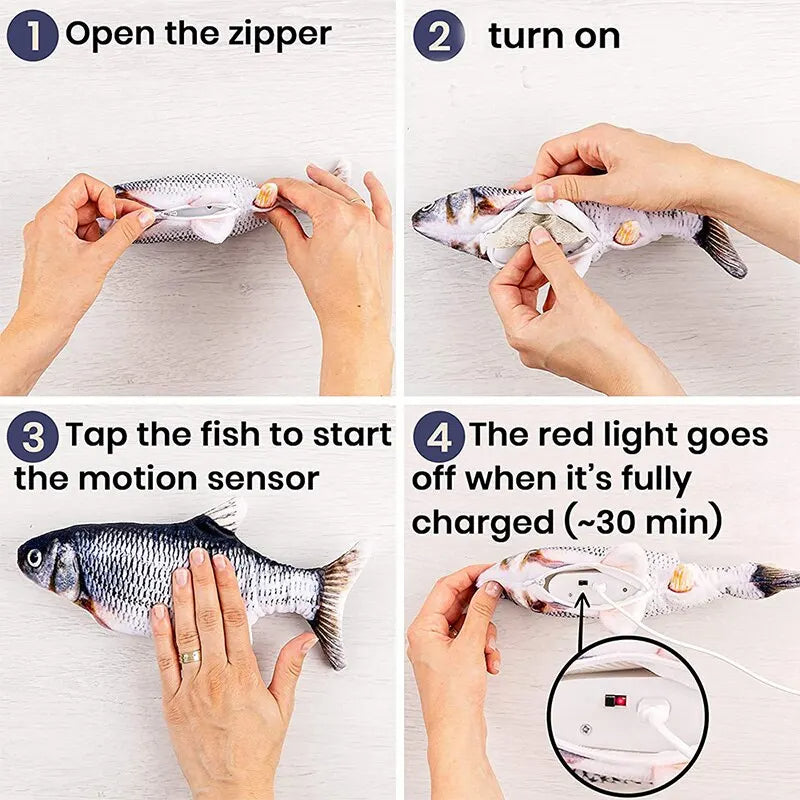Belro USB charging interactive cat toy fish, designed to entertain cats with moving fish animations and playful motion.