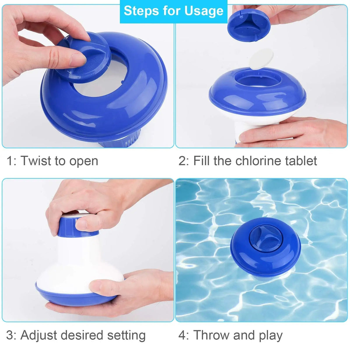 Belro adjustable pool chlorine floater in outdoor pool setting, showing its plastic body and adjustable chlorine dispenser.