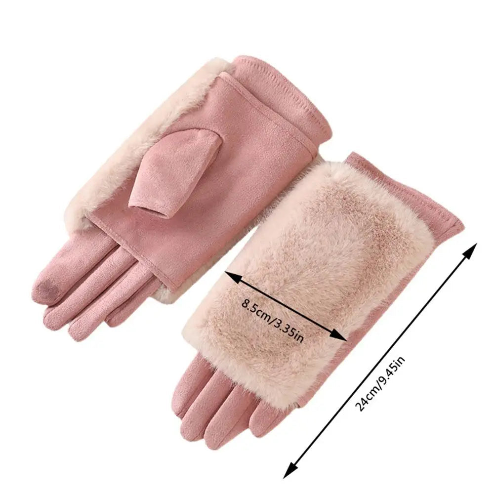 Belro suede rabbit fur touch screen winter gloves showing soft suede exterior and fur-lined interior for cold weather warmth and style.