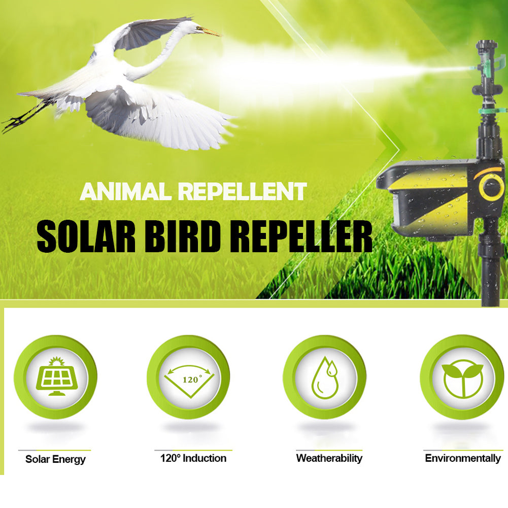 Belro solar-powered motion activated sprinkler for deer repellent in a garden setting, with water spray visible.