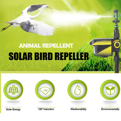 Belro solar-powered motion activated sprinkler for deer repellent in a garden setting, with water spray visible.