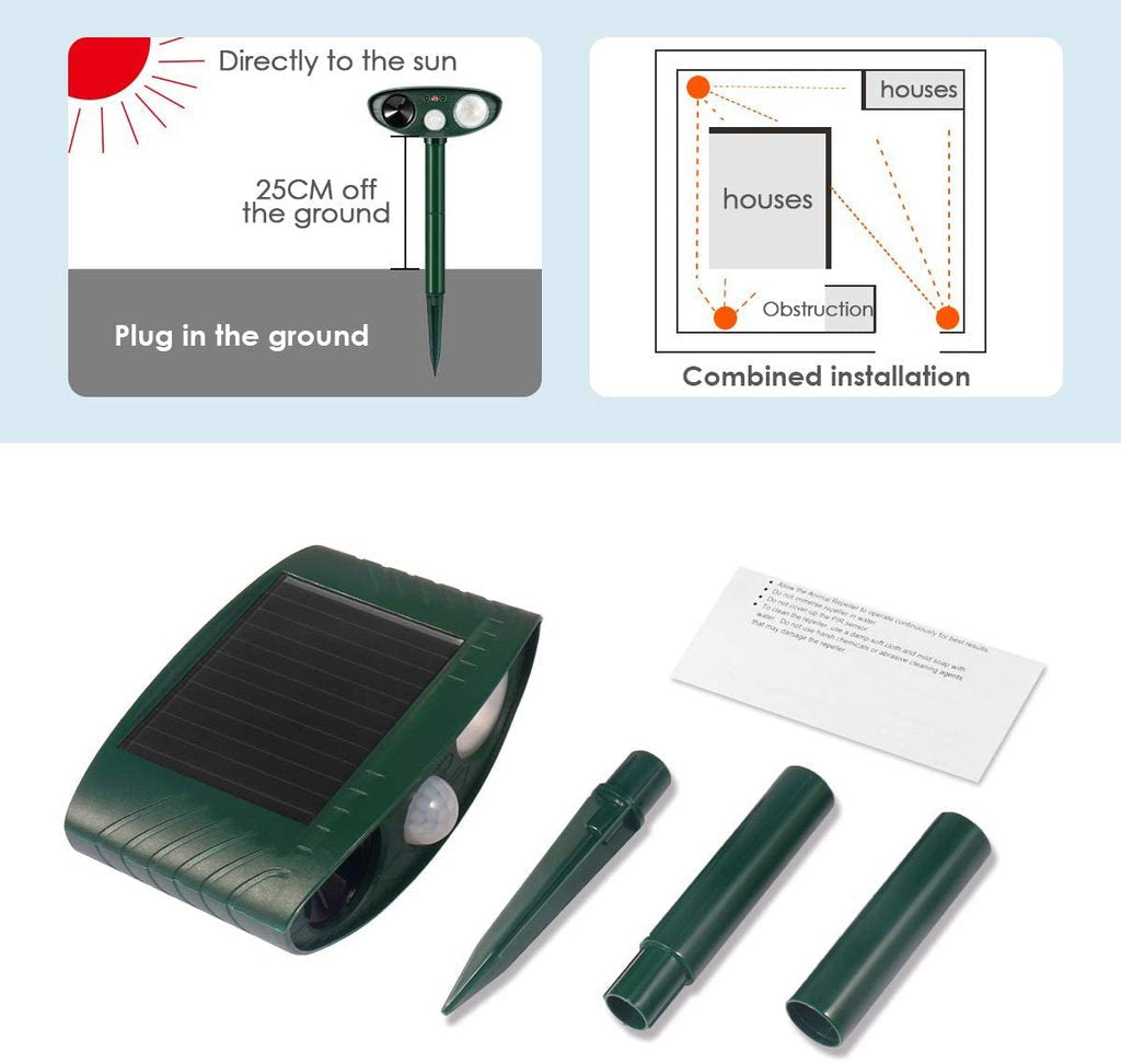 Belro outdoor solar ultrasonic dog repeller in garden, designed to deter dogs with ultrasonic sound technology.