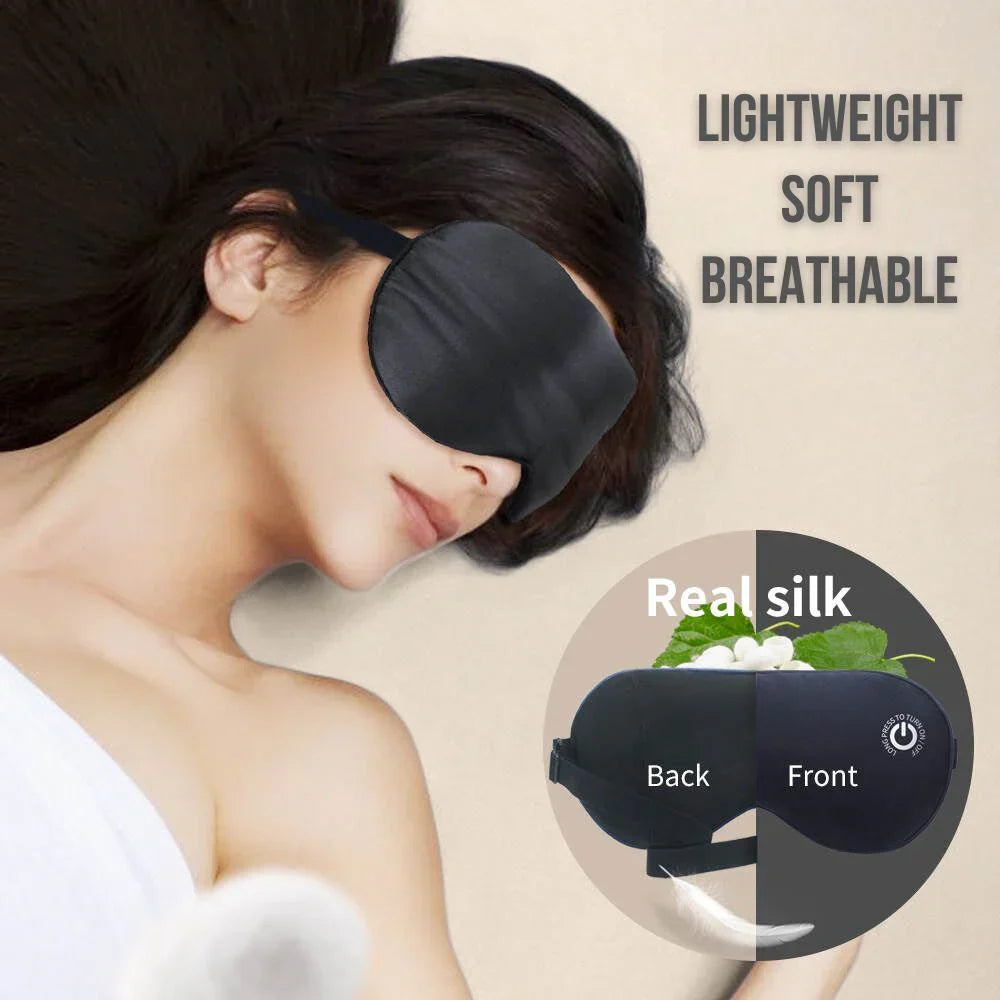 Belro rechargeable heated eye mask shown on a woman, designed for eye relaxation and soothing comfort in health and beauty routines.
