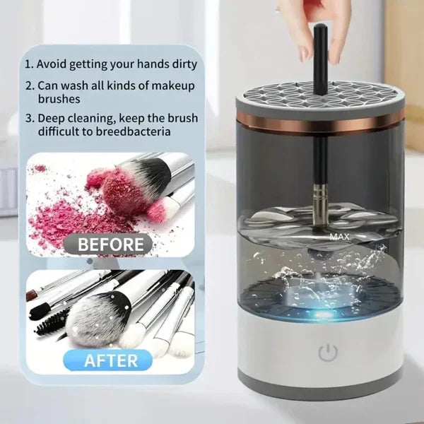 Belro automatic electric makeup brush cleaner in use, showcasing its compact design for efficient beauty and skincare brush cleaning.