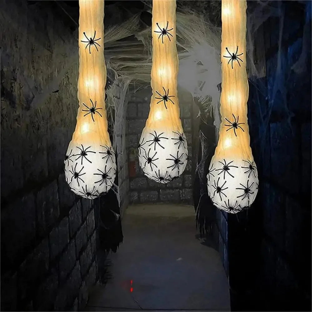 Belro Light Up Spider Egg Sacs Halloween outdoor decor hanging prop with spooky spider egg sacs for Halloween decoration.