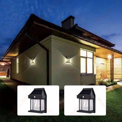 Set of two Mivoza solar lantern wall lights with motion sensors, auto on/off, outdoor garden solar wall lighting fixtures.