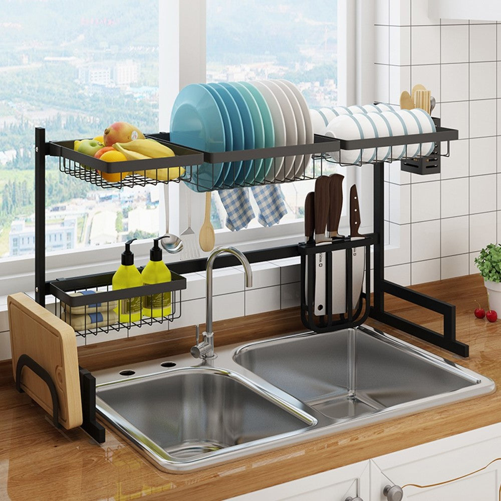 Belro 34.6-inch stainless steel black dish drying rack over kitchen sink with draining shelf for dishes and utensils.