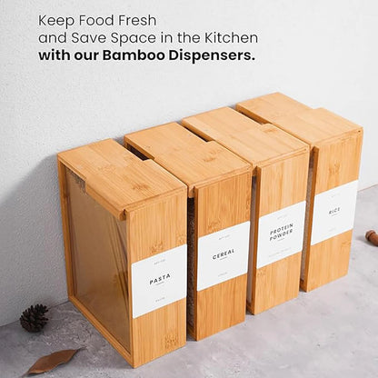 Belro bamboo cereal dispenser and food storage container with clear body and bamboo lid for kitchen organization.