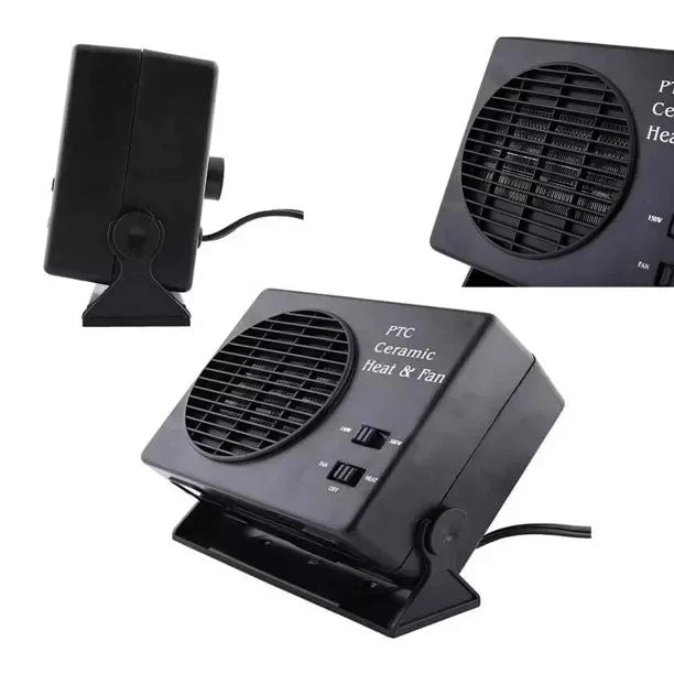 Belro 150W ceramic car fan heater installed in vehicle, showing compact automotive 12V heater for car heating.