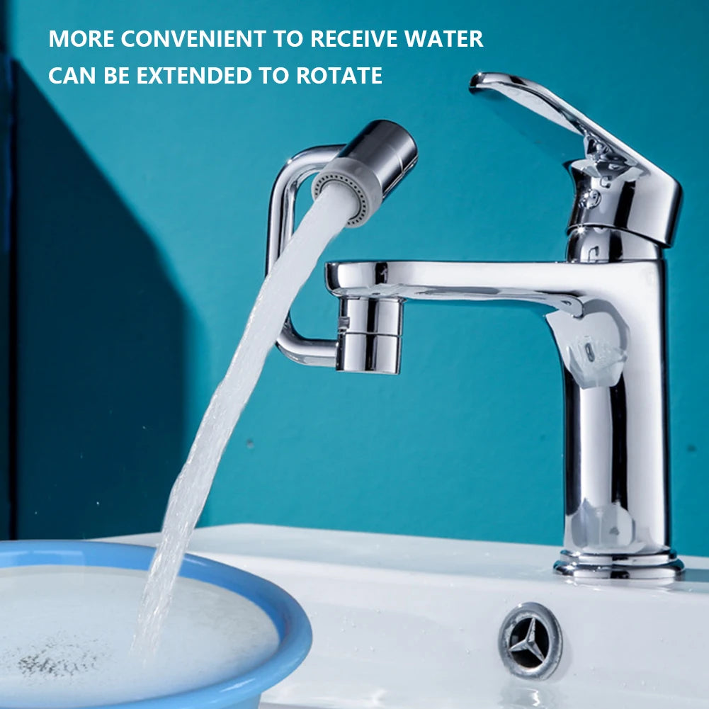 Belro 1080 rotating universal faucet extender attached to a kitchen sink faucet, expanding reach and improving water flow.