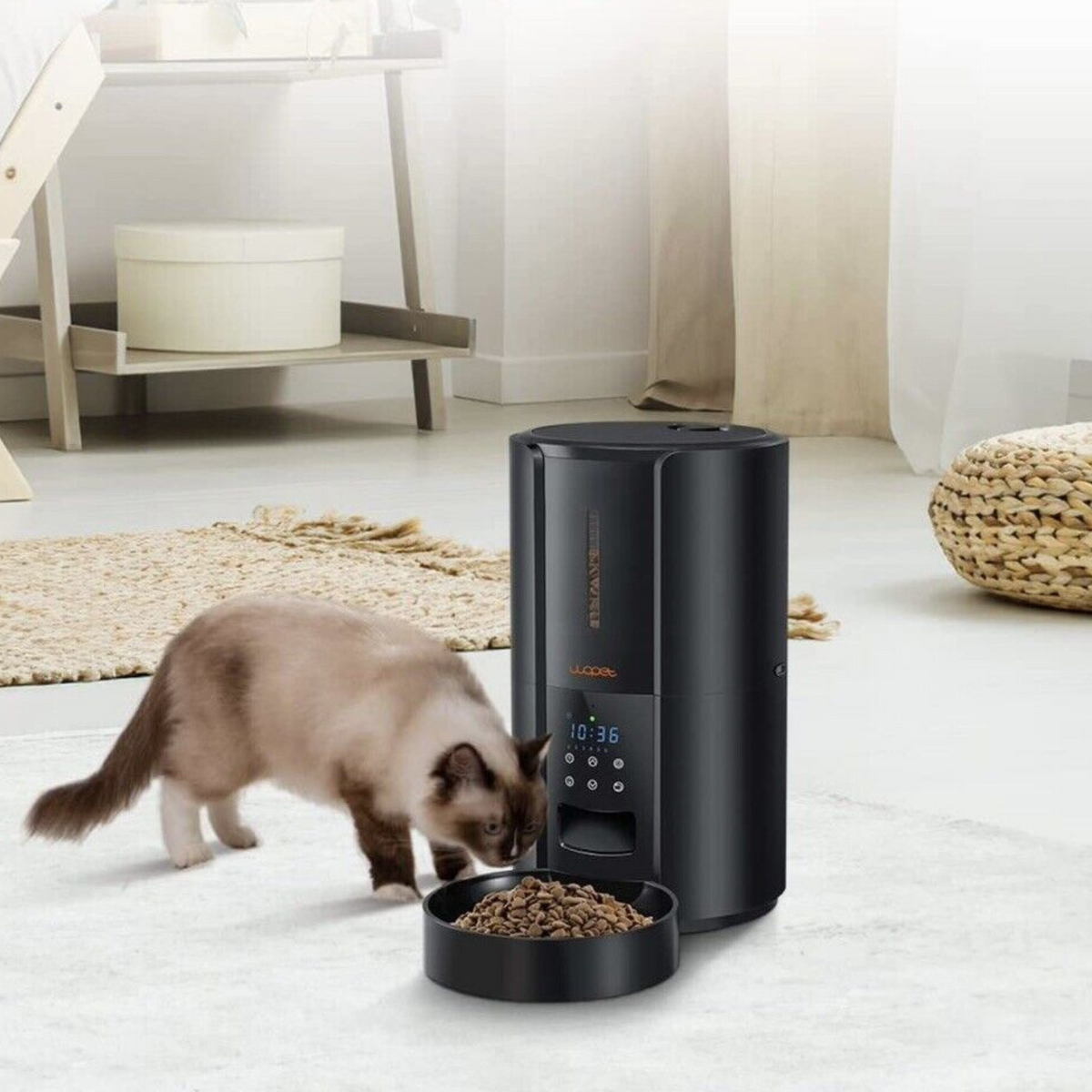 Large automatic dog and cat pet food dispenser by Belro, featuring a clear container and dispensing mechanism for pet feeding.