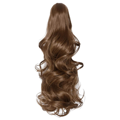Belro long ponytail clip-on hair extension showing a sleek hair clamp and smooth, dark ponytail extension for added length.
