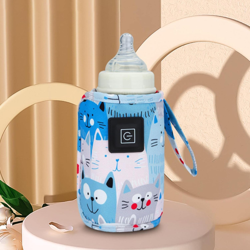 Belro portable USB baby milk formula bottle warmer showing a compact device warming a baby bottle for feeding.