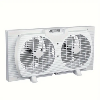 Belro InstaBreeze twin window cooling fan system installed in a home window for efficient outdoor cooling.