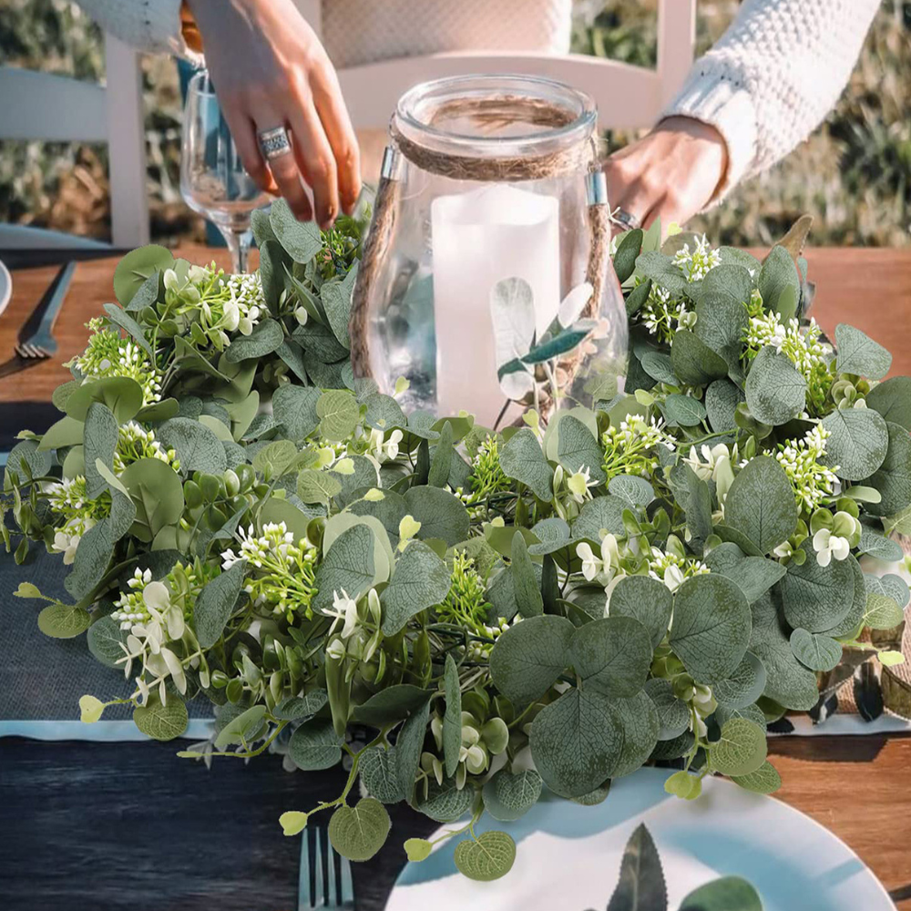 Faux eucalyptus garland by Belro, elegant decorative greenery for home and garden decor, featuring realistic green leaves.
