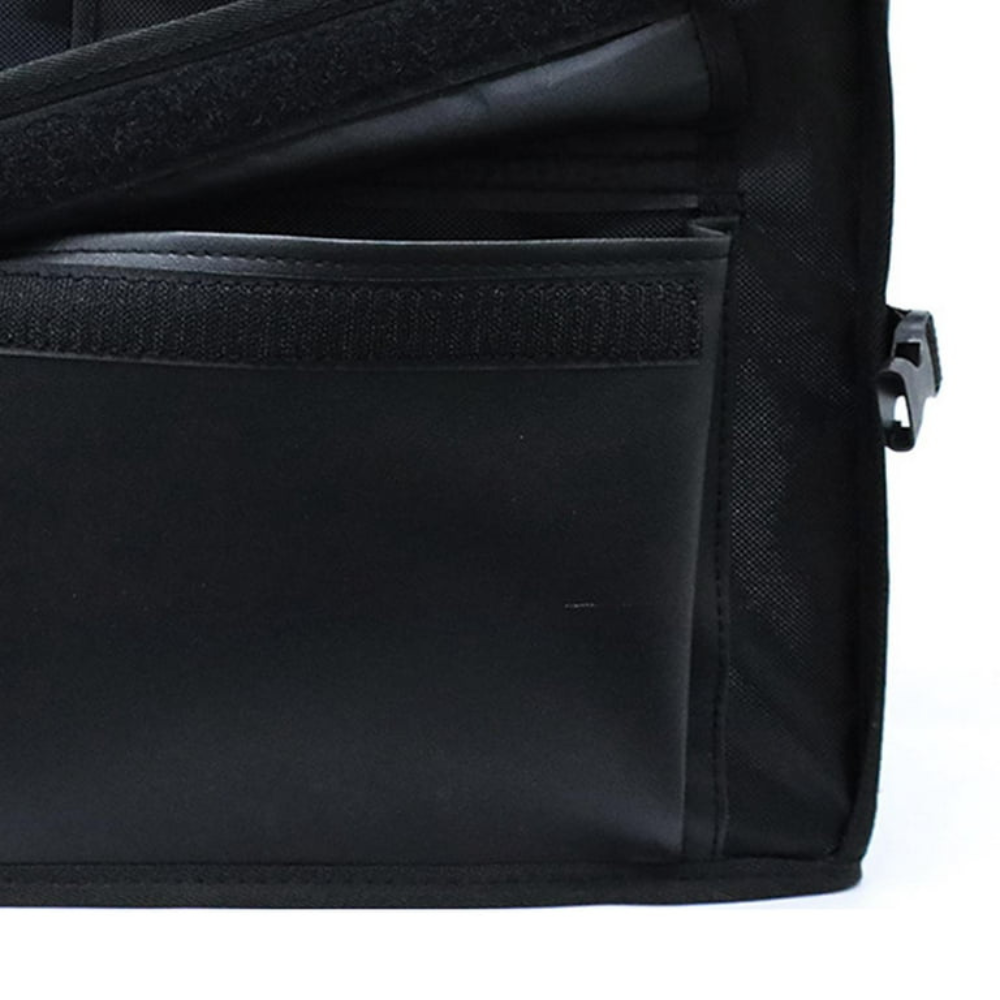 Large capacity Belro car trunk organizer with multiple compartments for storage and organization in vehicles.