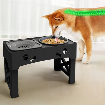 Belro adjustable raised pet dog slow feeder with multiple food compartments on a wooden stand, designed for easy feeding.