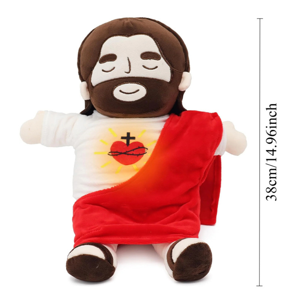 Belro Breathing Jesus soothing plushie for sleep aid, soft fabric with detailed religious design, ideal for comfort and relaxation.