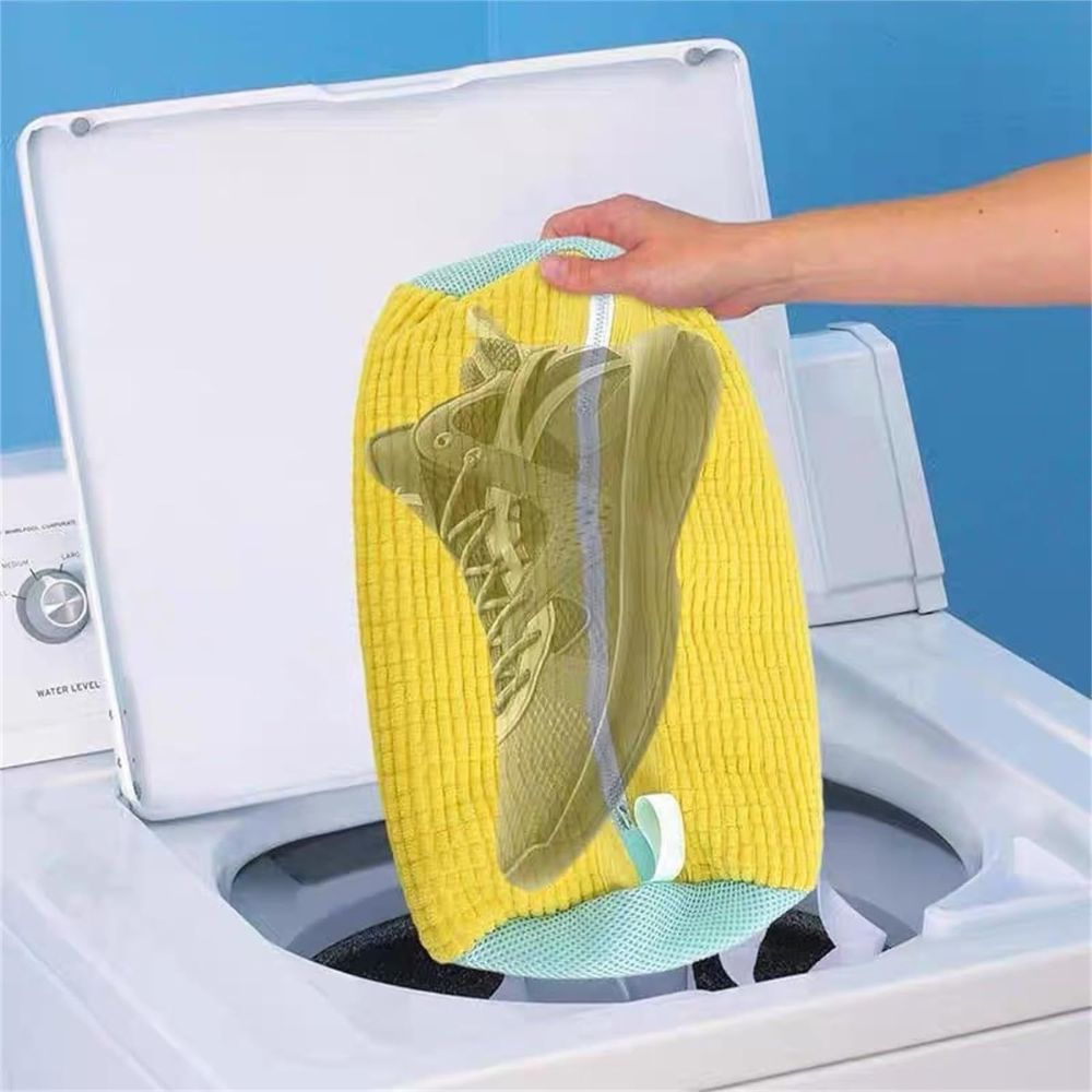 Belro machine washable sneakers shoe protector washing mesh bag for footwear, showing the breathable mesh design and secure zipper closure.