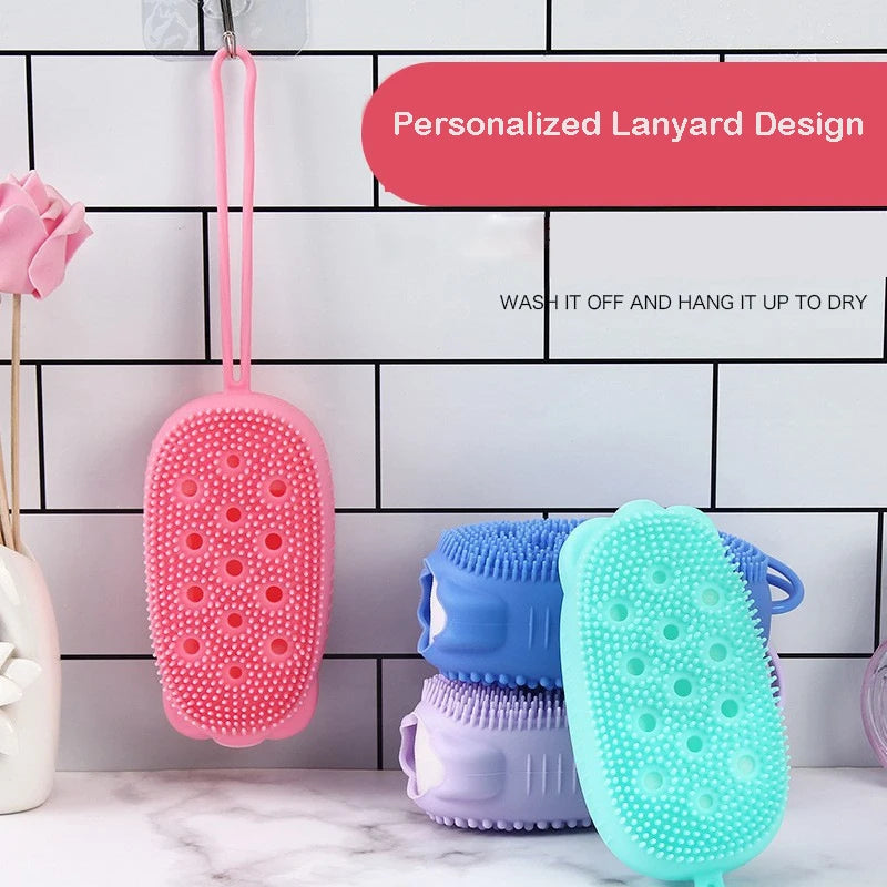 Belro silicone body scrubber with integrated soap dispenser, soft textured surface for gentle exfoliation and cleansing.