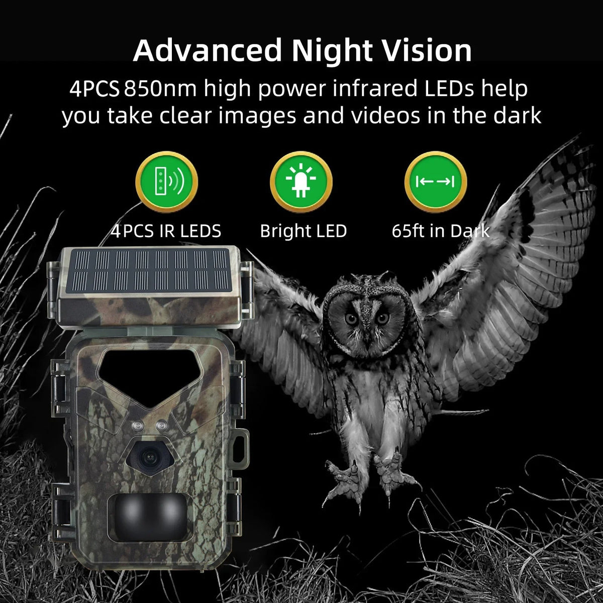 Belro compact solar-powered trail camera with lens, mounting strap, and solar panel for wildlife monitoring and outdoor security.