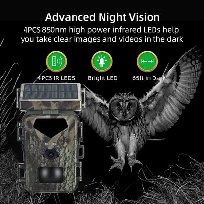 Belro compact solar-powered trail camera with lens, mounting strap, and solar panel for wildlife monitoring and outdoor security.