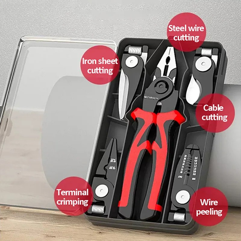Belro 5-in-1 Electric Multifunctional Pliers Set showing pliers, wire cutters, and screwdrivers in a compact tool kit.