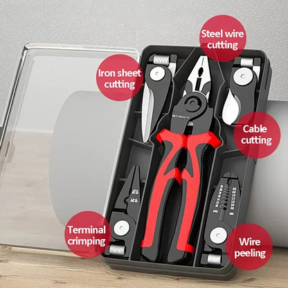 Belro 5-in-1 Electric Multifunctional Pliers Set showing pliers, wire cutters, and screwdrivers in a compact tool kit.