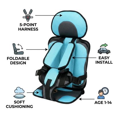 Foldable BowLift portable child car booster seat with compact design, ideal for travel and safety during car rides.