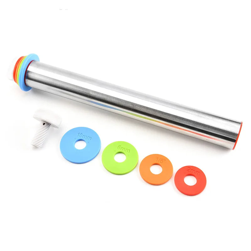 Belro adjustable rolling pin with measurement rings for even dough rolling, shown on a kitchen countertop.