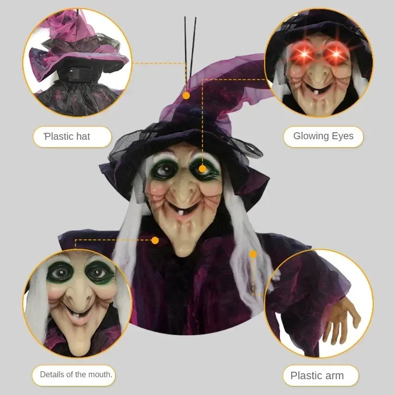 Belro animated Halloween witch decor for men with glowing eyes and sound effects, featuring spooky witch costume details.