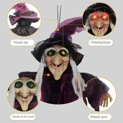 Belro animated Halloween witch decor for men with glowing eyes and sound effects, featuring spooky witch costume details.