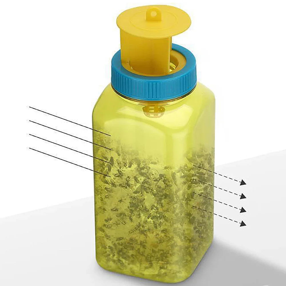 Belro reusable fruit fly catcher bottle used outdoors for pest control in home and garden, with a clear plastic design and entry points.