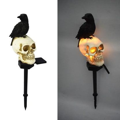Belro Halloween Skeleton Head Solar Light accessory attached to a black umbrella, perfect for spooky outdoor Halloween decor.