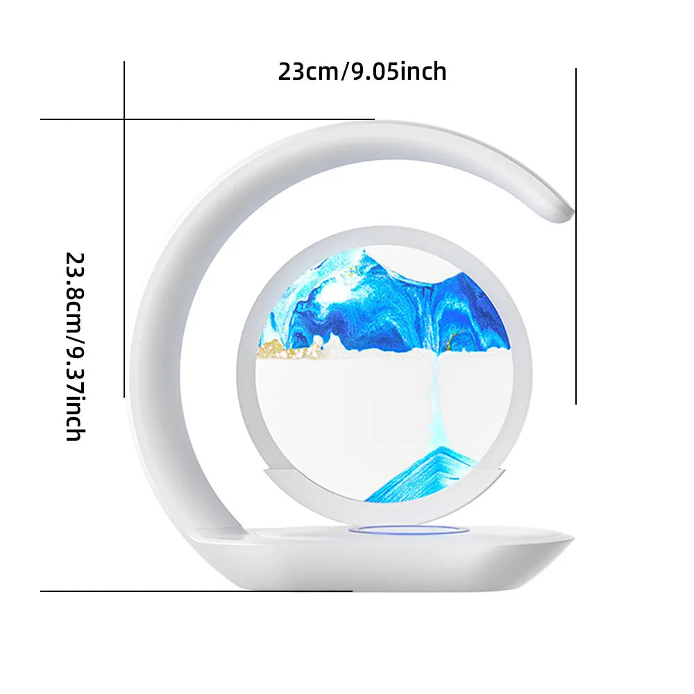 Belro 3D Sand Art Table Lamp with wireless charger showing colorful sand flowing inside, perfect for modern electronics and charging needs.