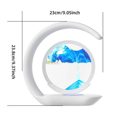 Belro 3D Sand Art Table Lamp with wireless charger showing colorful sand flowing inside, perfect for modern electronics and charging needs.