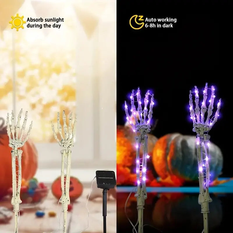 Belro Halloween Skeleton Hand solar lights attached to umbrella, spooky accessories for outdoor decor and Halloween festivities.