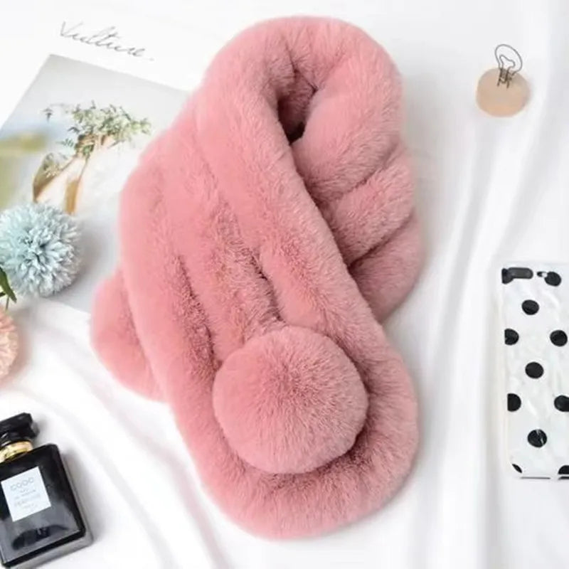 Belro plush faux fur winter scarf draped over a neutral background, showcasing soft texture and cozy style.