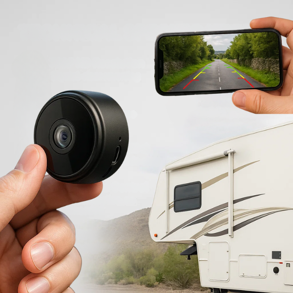 BowLift Wireless HD backup camera with night vision, waterproof design, suitable for RVs, trucks, and trailers, mounted on a vehicle.