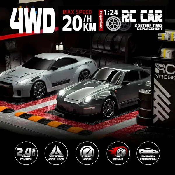 Belro Retro Drift Master 4WD RC Car with LED lights, showcasing its sporty design and bright lighting features.
