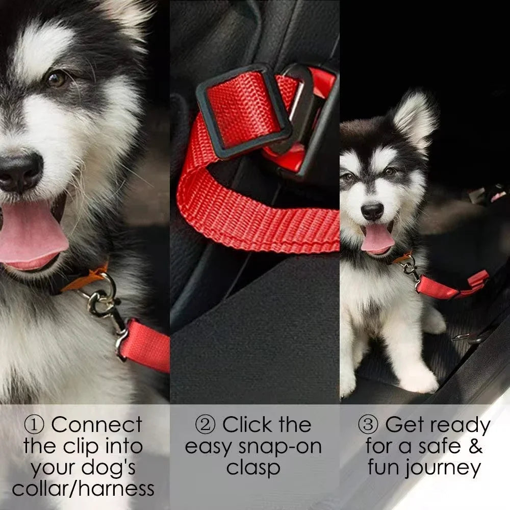 Belro adjustable dog seat belt attached to car seat, with secure clip and adjustable strap for pet safety during travel.