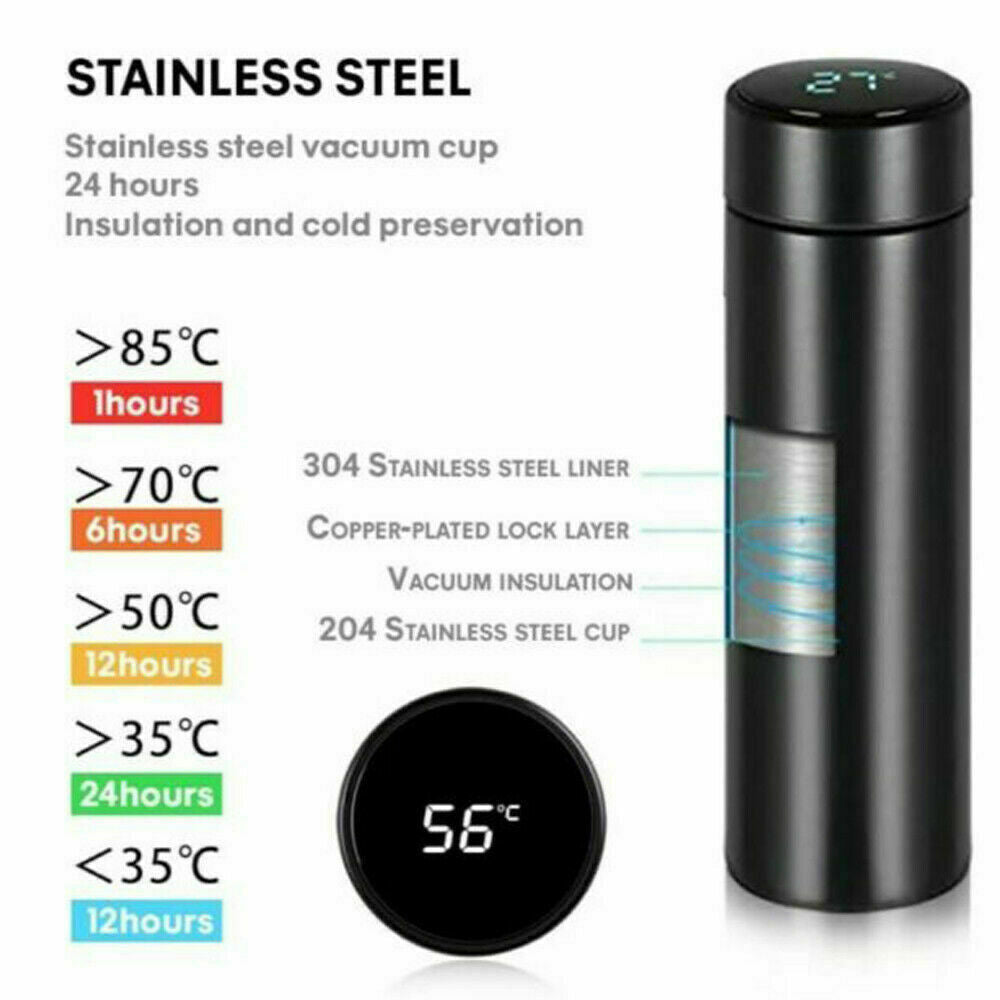 Belro LED temperature display thermos bottle showing digital readout, stainless steel water bottle for kitchen and dining use.
