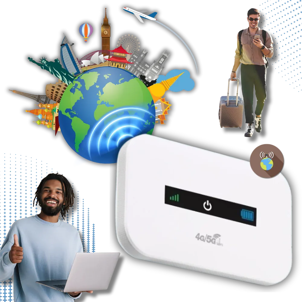 Belro Ultimate Portable Wi-Fi device showing compact design and antenna, ideal for on-the-go internet connectivity.