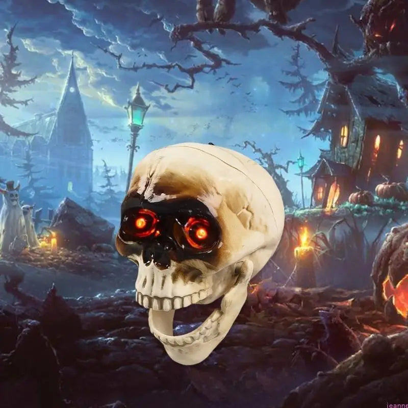Belro animated Halloween skeleton head with flashing eyes, designed as a men's costume accessory or clothing prop.
