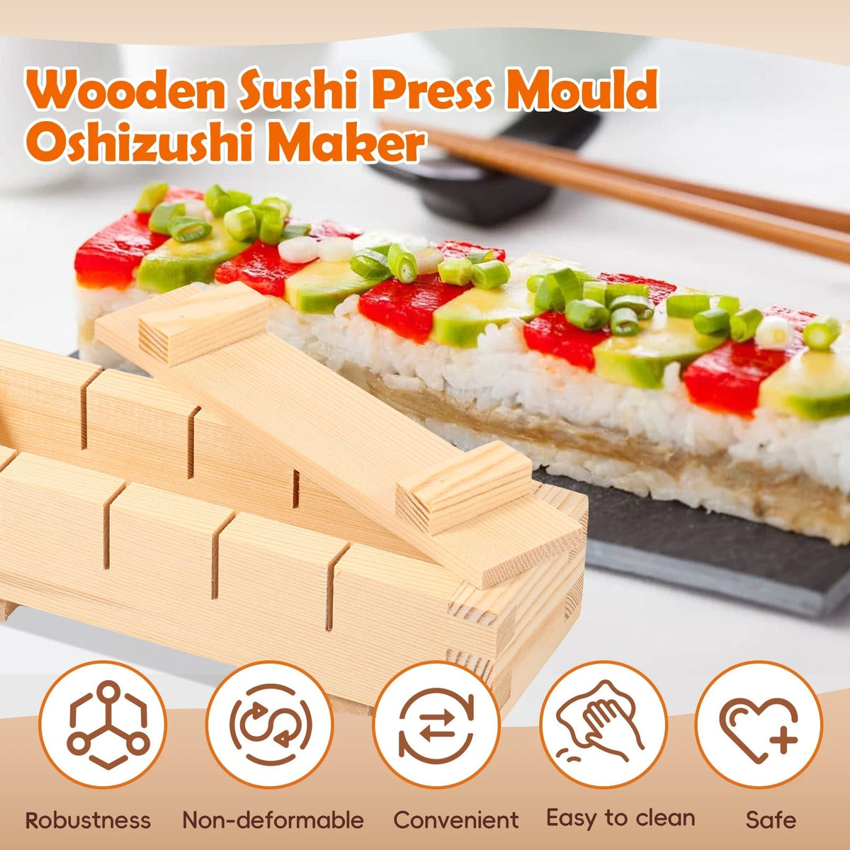 Handcrafted wooden sushi maker press mold by Belro, shown with smooth wooden surface and compact design for home sushi preparation.
