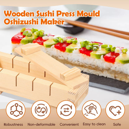 Handcrafted wooden sushi maker press mold by Belro, shown with smooth wooden surface and compact design for home sushi preparation.